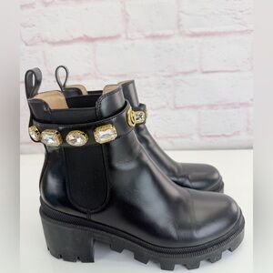 Gucci Trip Jewel Strap Leather Crystal-Embellished Block Heel Booties 37